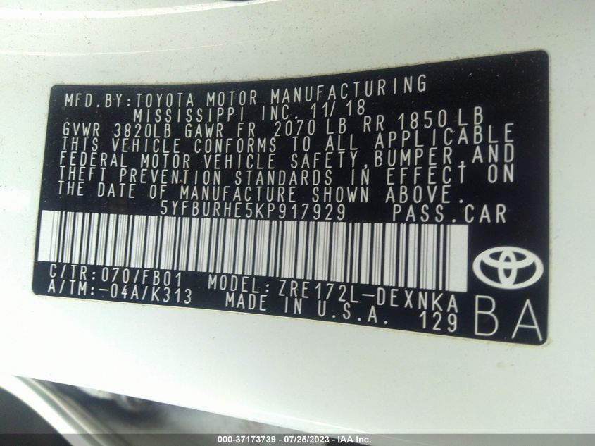 2019 TOYOTA COROLLA L/LE/SE/XLE/XSE - 5YFBURHE5KP917929