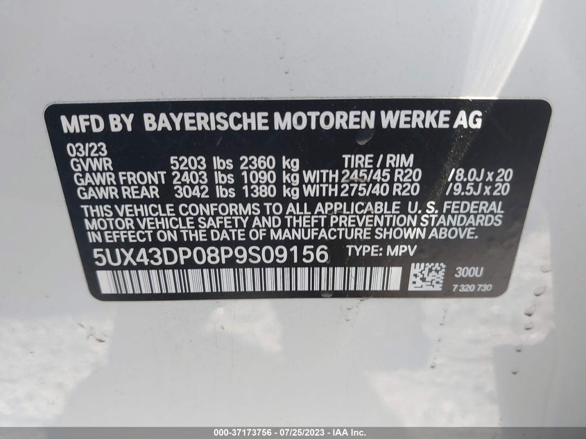 VIN 5UX43DP08P9S09156 2023 BMW X3 SDRIVE30I
