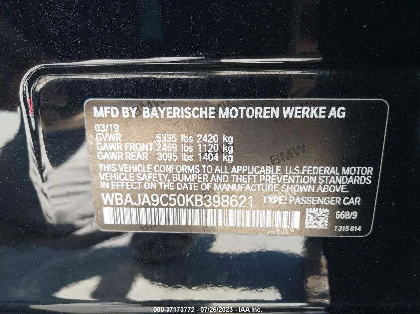 2019 BMW 5 SERIES 530E IPERFORMANCE - WBAJA9C50KB398621