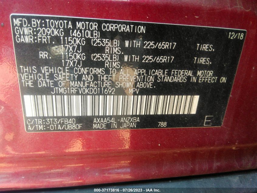 2019 TOYOTA RAV4 LE - JTMG1RFV0KD011692