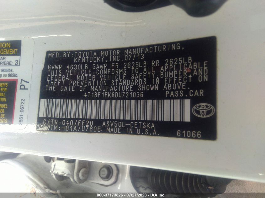 2013 TOYOTA CAMRY L/LE/SE/XLE - 4T1BF1FK8DU721036