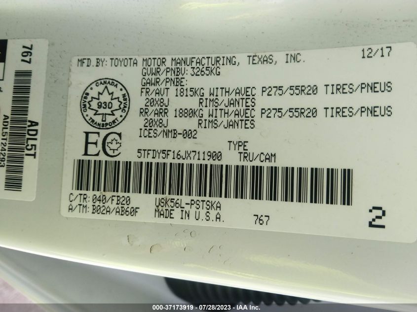 2018 TOYOTA TUNDRA 4WD SR5/LIMITED/PLATINUM - 5TFDY5F16JX711900