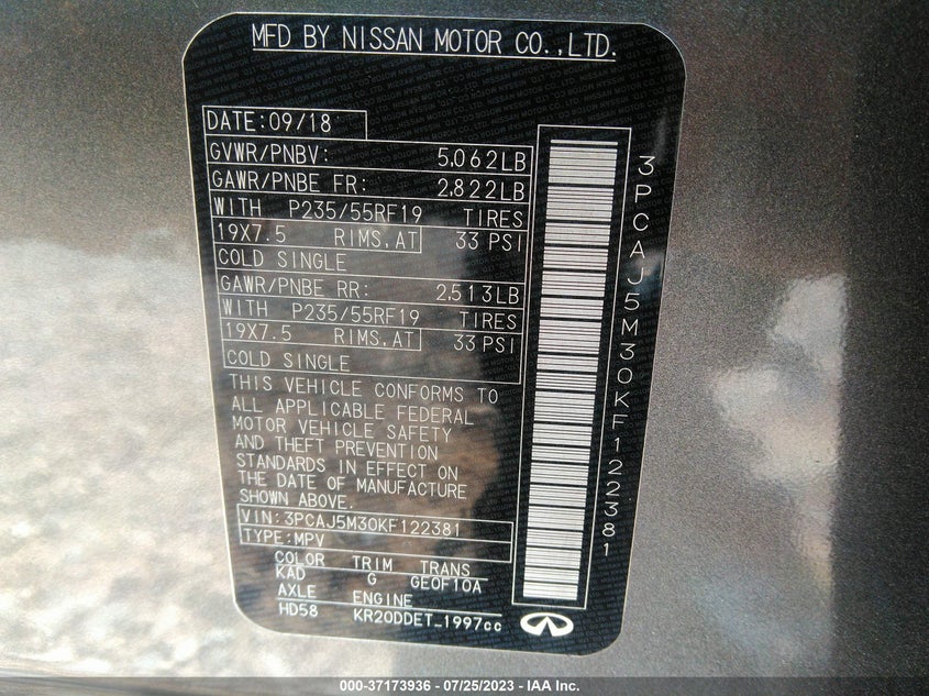 VIN 3PCAJ5M30KF122381 2019 INFINITI QX50 ESSENTIAL/PURE