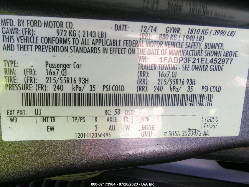 2014 FORD FOCUS SE - 1FADP3F21EL452977