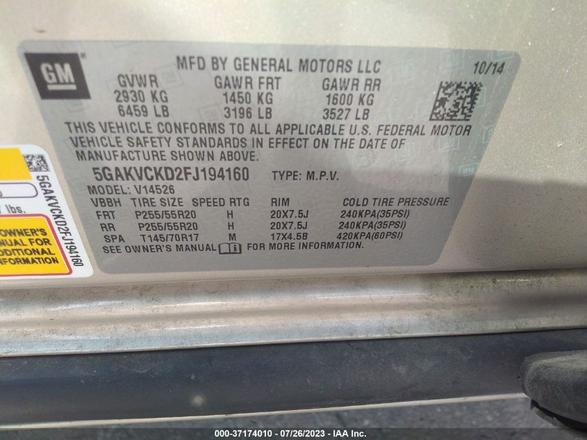 2015 BUICK ENCLAVE PREMIUM - 5GAKVCKD2FJ194160