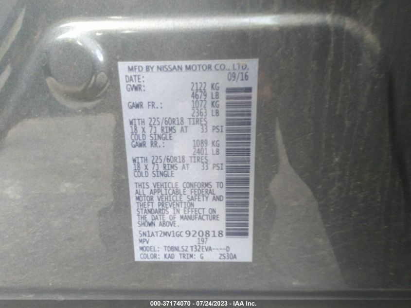 2016 NISSAN ROGUE SL - 5N1AT2MV1GC920818