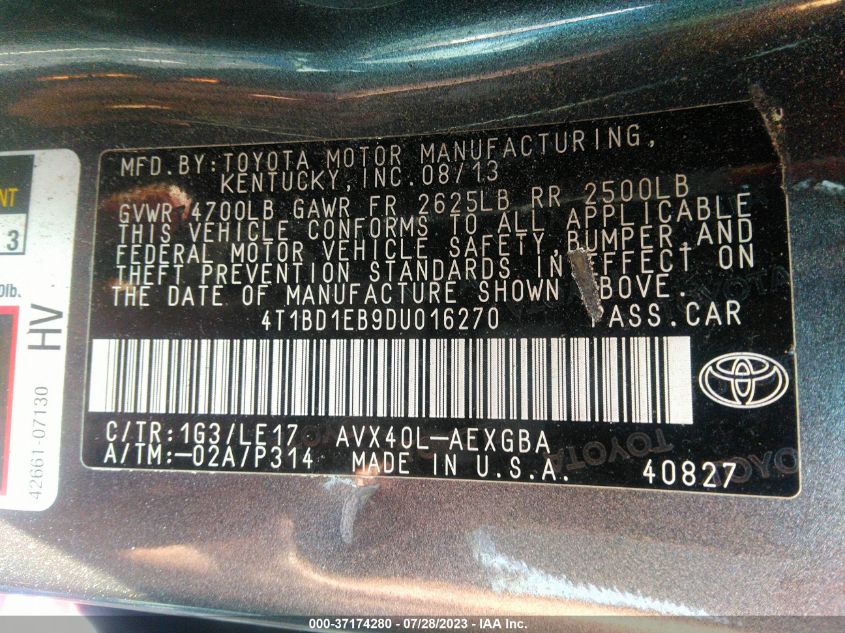 2013 TOYOTA AVALON HYBRID XLE PREMIUM 4T1BD1EB9DU016270