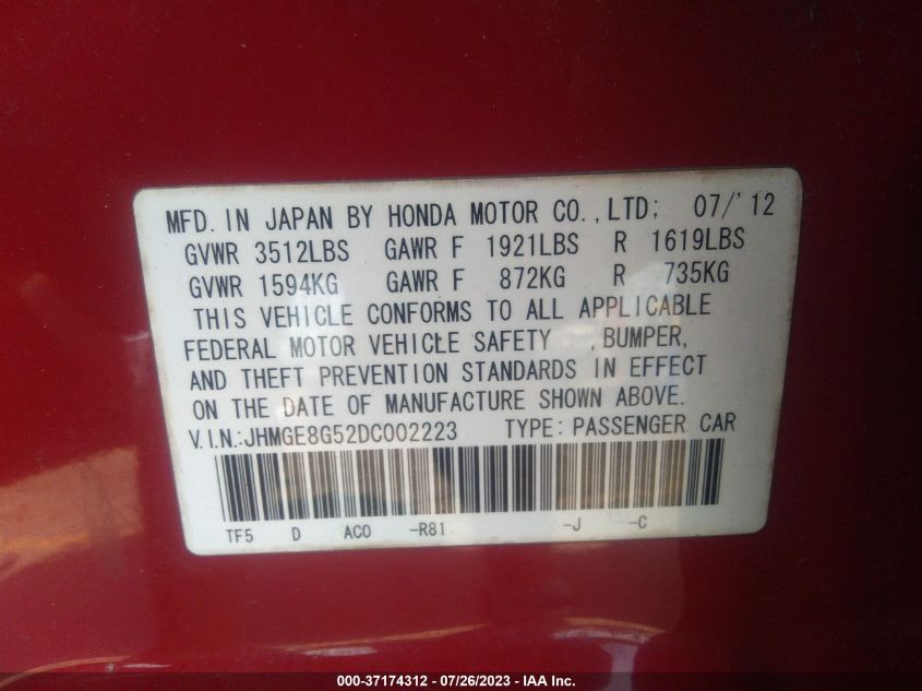 2013 HONDA FIT SPORT - JHMGE8G52DC002223