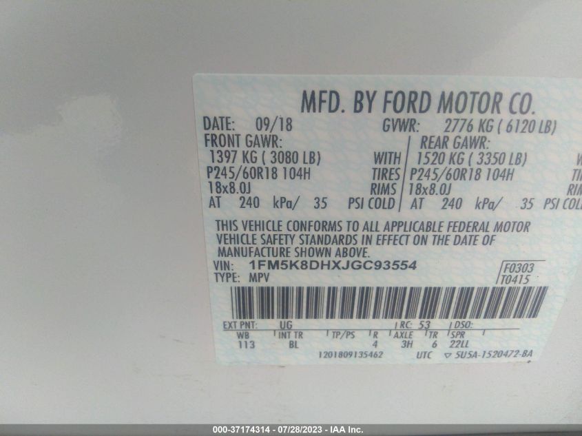 2018 FORD EXPLORER XLT - 1FM5K8DHXJGC93554