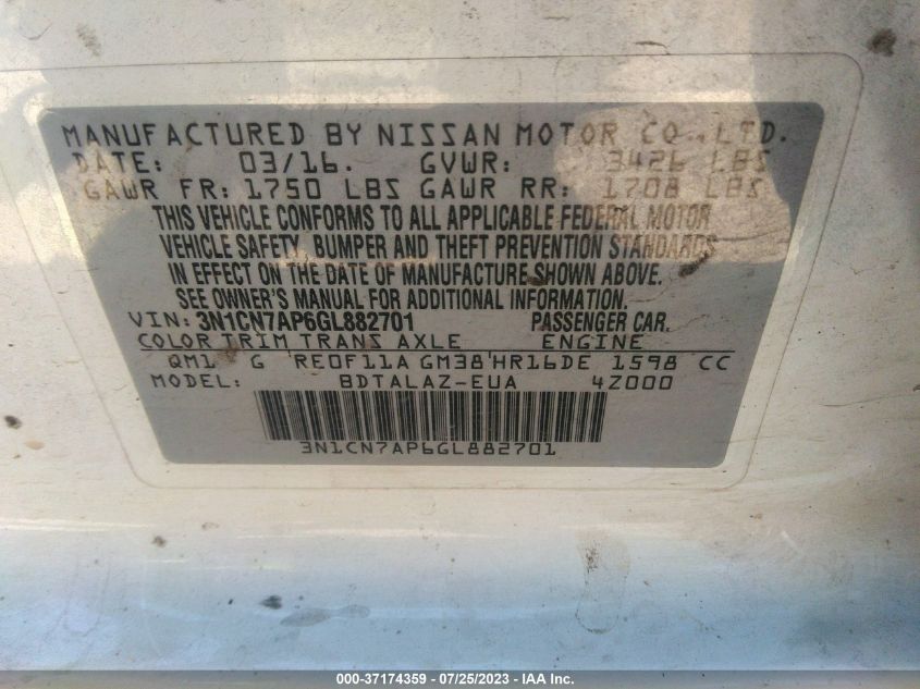 2016 NISSAN VERSA S PLUS - 3N1CN7AP6GL882701