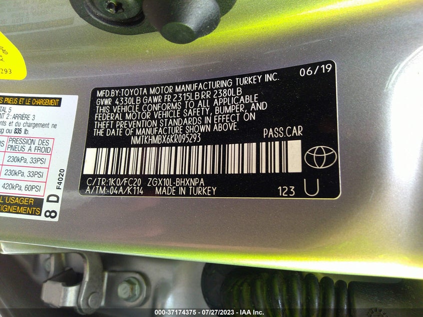 VIN NMTKHMBX6KR095293 2019 TOYOTA C-HR XLE/LE/LIMITED