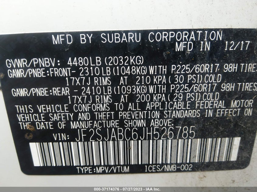 VIN JF2SJABC6JH526785 2018 SUBARU FORESTER