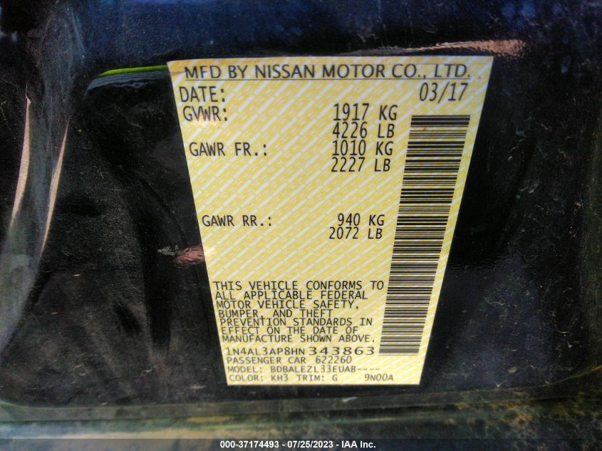 2017 NISSAN ALTIMA 2.5/S/SV/SL/SR - 1N4AL3AP8HN343863