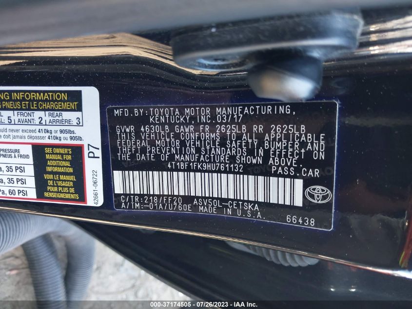 2017 TOYOTA CAMRY XLE/SE/LE/XSE - 4T1BF1FK9HU761132