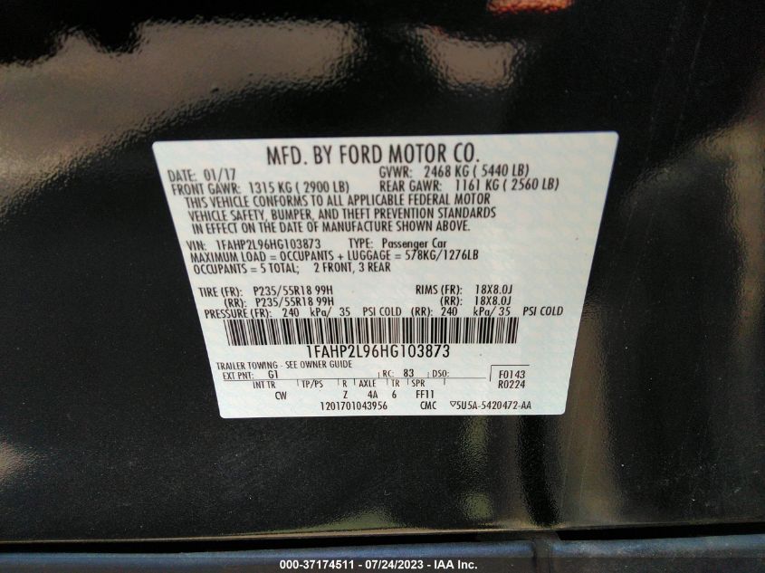 2017 FORD POLICE INTERCEPTOR SEDAN 1FAHP2L96HG103873