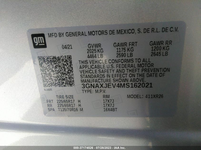 2021 CHEVROLET EQUINOX LT - 3GNAXJEV4MS162021