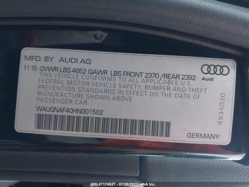 2017 AUDI A4 PREMIUM - WAUGNAF40HN001502