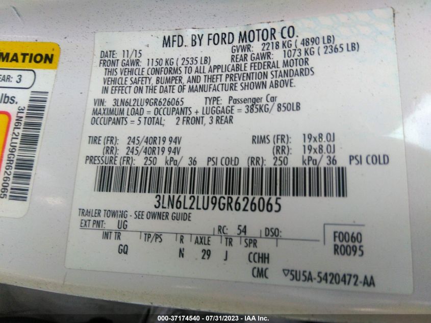 2016 LINCOLN MKZ HYBRID - 3LN6L2LU9GR626065