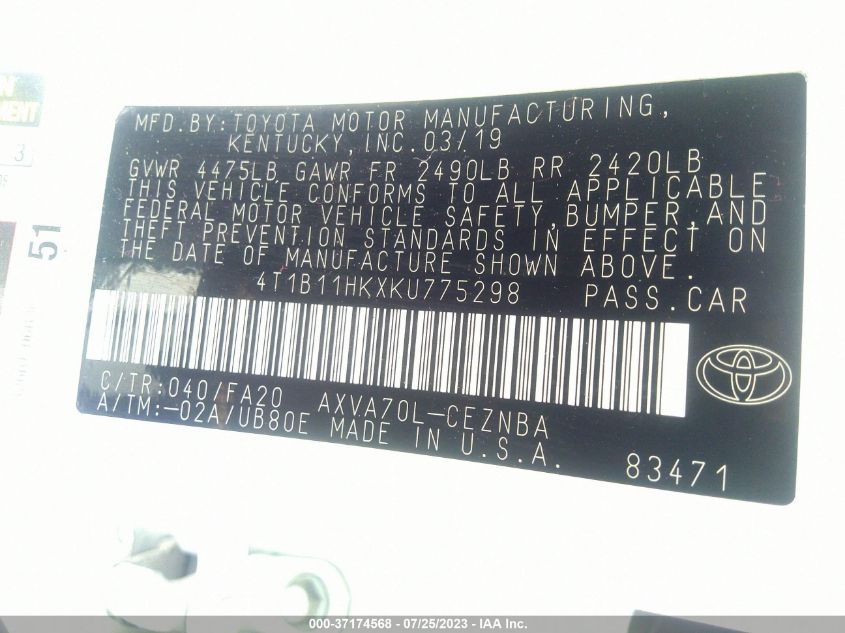 2019 TOYOTA CAMRY L/LE/XLE/SE/XSE - 4T1B11HKXKU775298