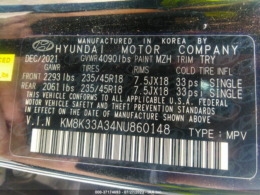 2022 HYUNDAI KONA N LINE - KM8K33A34NU860148