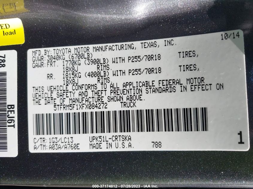 2015 TOYOTA TUNDRA 2WD TRUCK SR/SR5 - 5TFRM5F1XFX084272