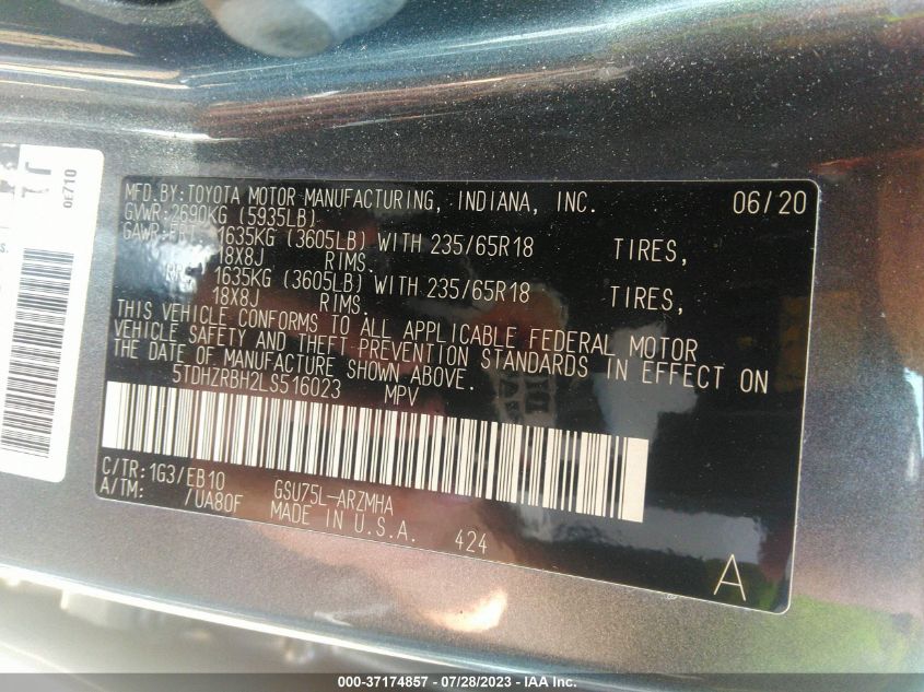2020 TOYOTA HIGHLANDER XLE - 5TDHZRBH2LS516023