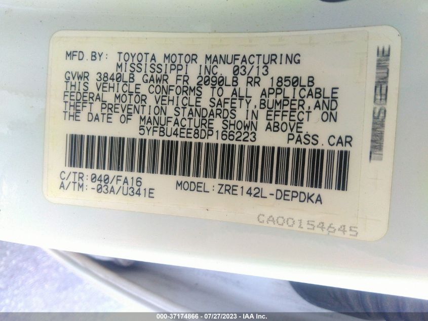 2013 TOYOTA COROLLA L/LE/S - 5YFBU4EE8DP166223
