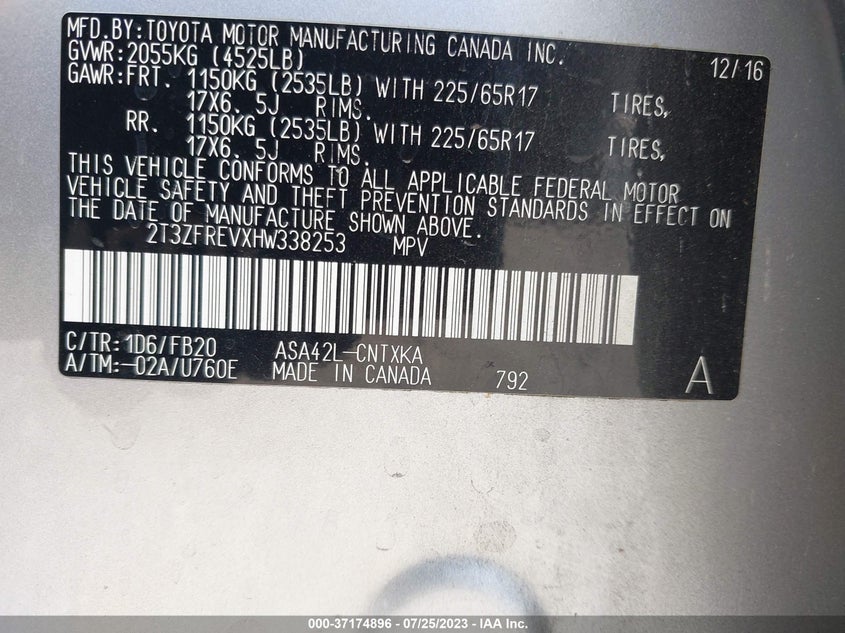 VIN 2T3ZFREVXHW338253 2017 TOYOTA RAV4 LE