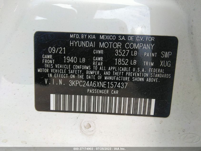 2022 HYUNDAI ACCENT SEL - 3KPC24A6XNE157437
