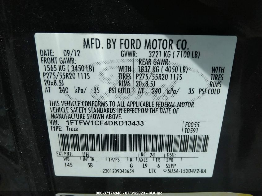 2013 FORD F-150 XL/XLT/FX2/LARIAT - 1FTFW1CF4DKD13433