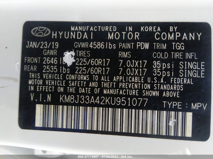 2019 HYUNDAI TUCSON VALUE - KM8J33A42KU951077