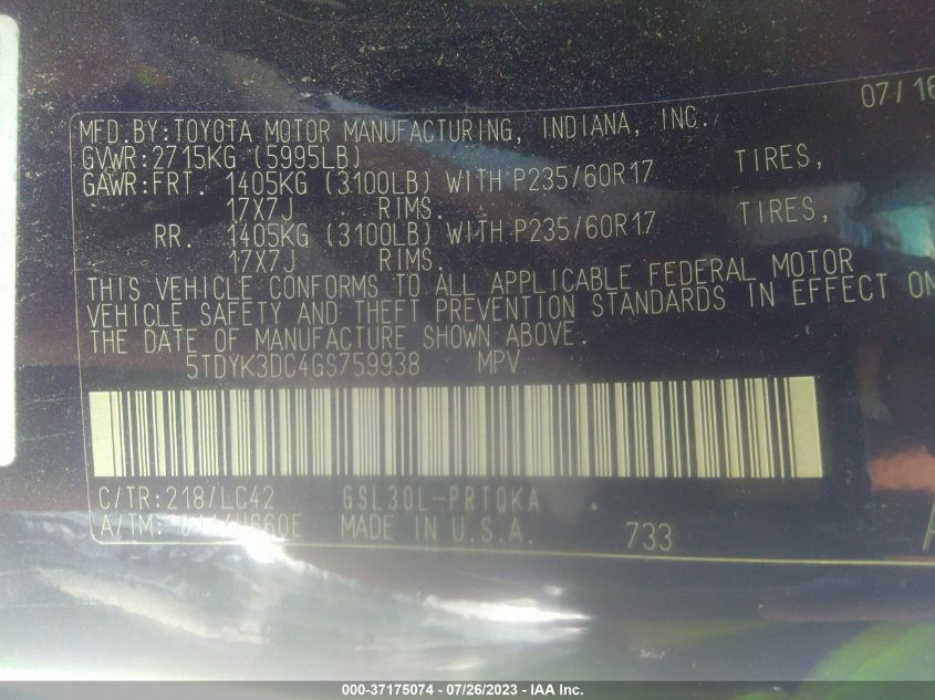 2016 TOYOTA SIENNA XLE/LIMITED - 5TDYK3DC4GS759938