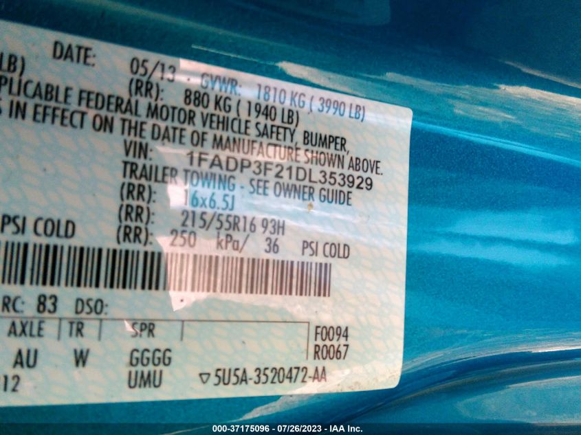2013 FORD FOCUS SE - 1FADP3F21DL353929