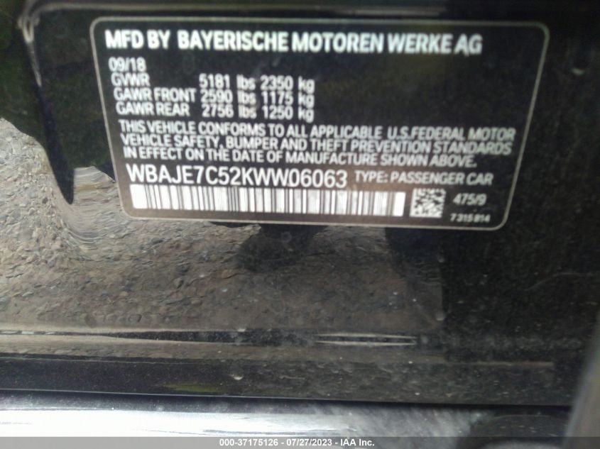 2019 BMW 5 SERIES 540I XDRIVE - WBAJE7C52KWW06063