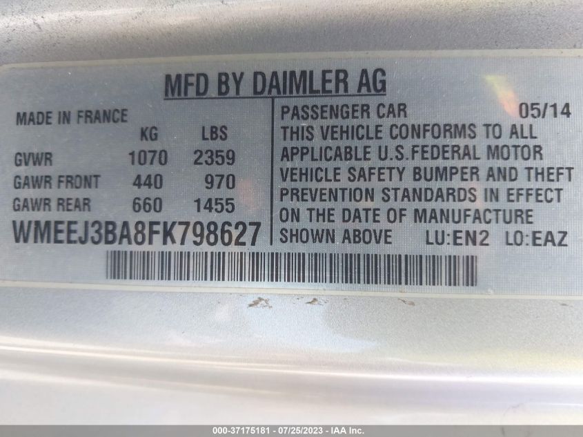 2015 SMART FORTWO PASSION/PURE WMEEJ3BA8FK798627