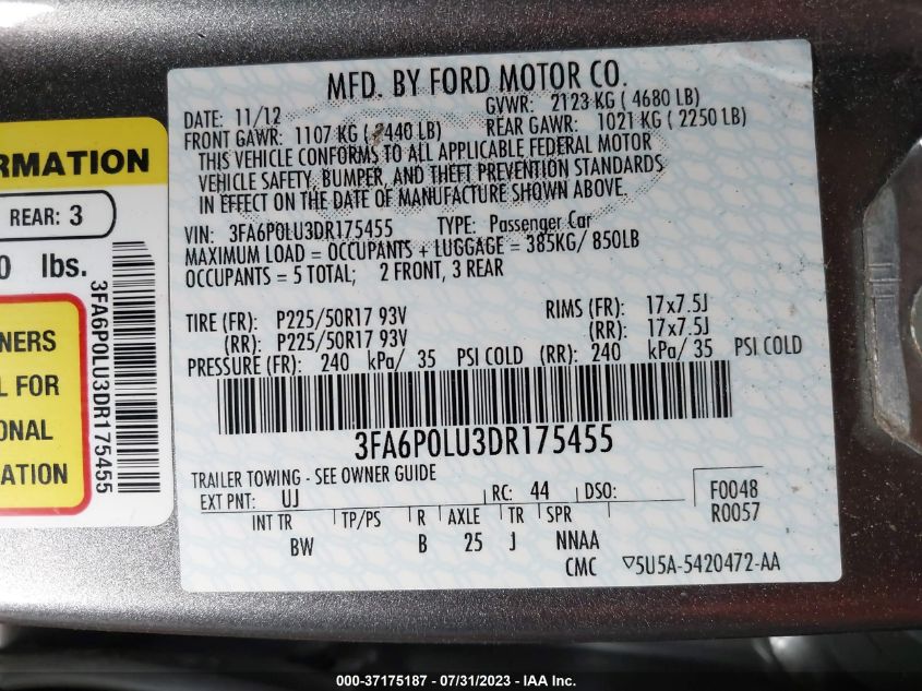 2013 FORD FUSION SE HYBRID - 3FA6P0LU3DR175455