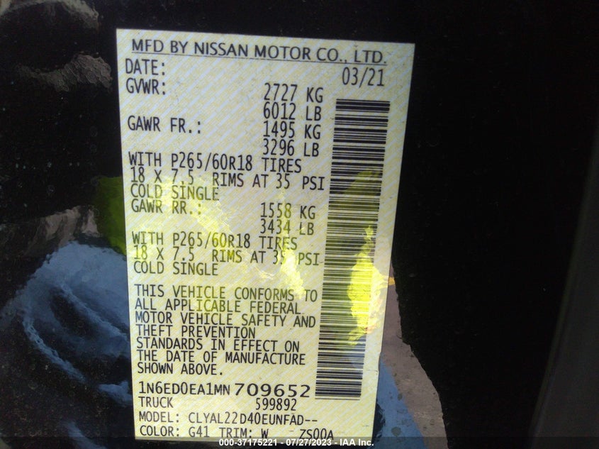 VIN 1N6ED0EA1MN709652 2021 NISSAN FRONTIER SV