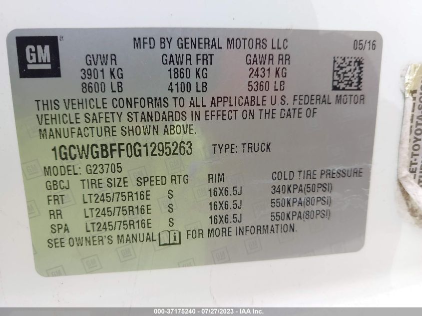 2016 CHEVROLET EXPRESS 2500 WORK VAN 1GCWGBFF0G1295263