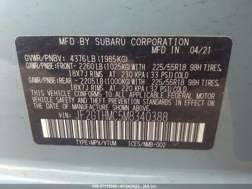 2021 SUBARU CROSSTREK LIMITED - JF2GTHMC5M8340388