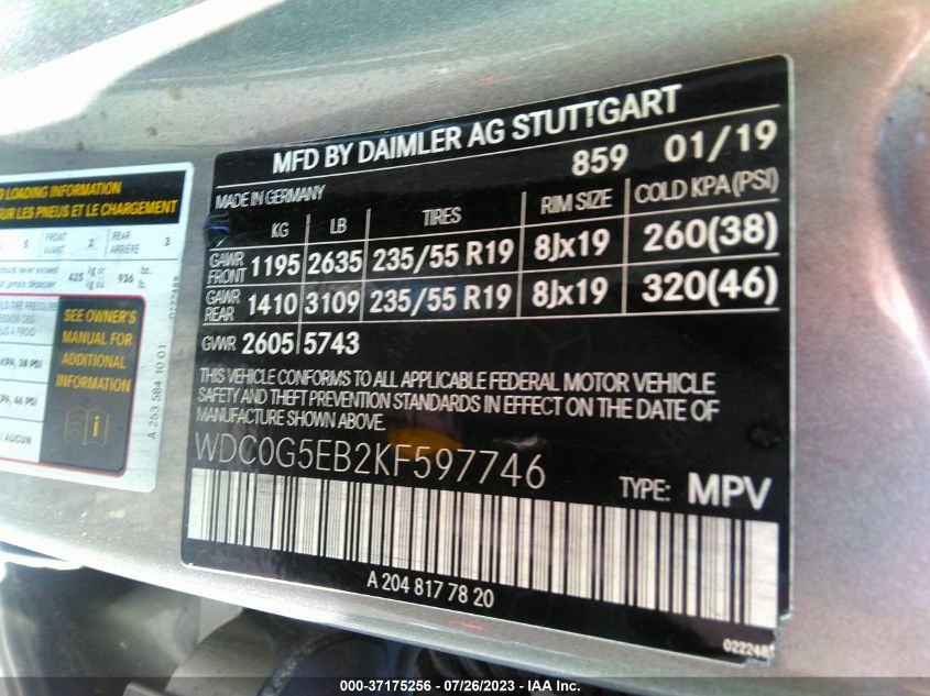 2019 MERCEDES-BENZ GLC 350E WDC0G5EB2KF597746