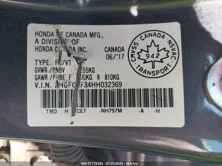 VIN 2HGFC2F84HH032369 2017 HONDA CIVIC SEDAN EX
