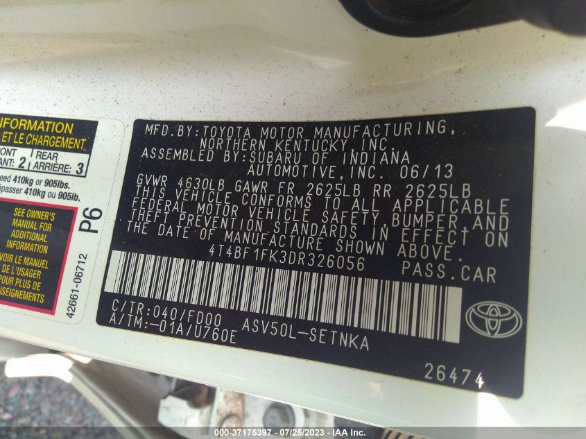 2013 TOYOTA CAMRY L/SE/LE/XLE - 4T4BF1FK3DR326056