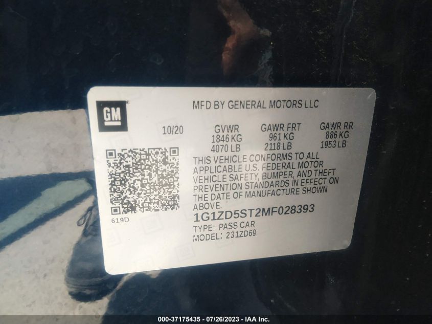 2021 CHEVROLET MALIBU LT - 1G1ZD5ST2MF028393