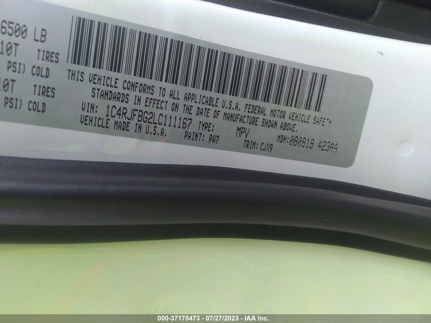 VIN 1C4RJFBG2LC111167 2020 JEEP GRAND CHEROKEE LIMITED