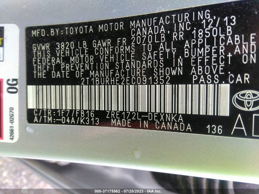 2014 TOYOTA COROLLA L/LE/S/S PLUS/LE PLUS - 2T1BURHE2EC091352