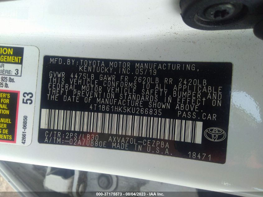 2019 TOYOTA CAMRY XSE - 4T1B61HK5KU266835