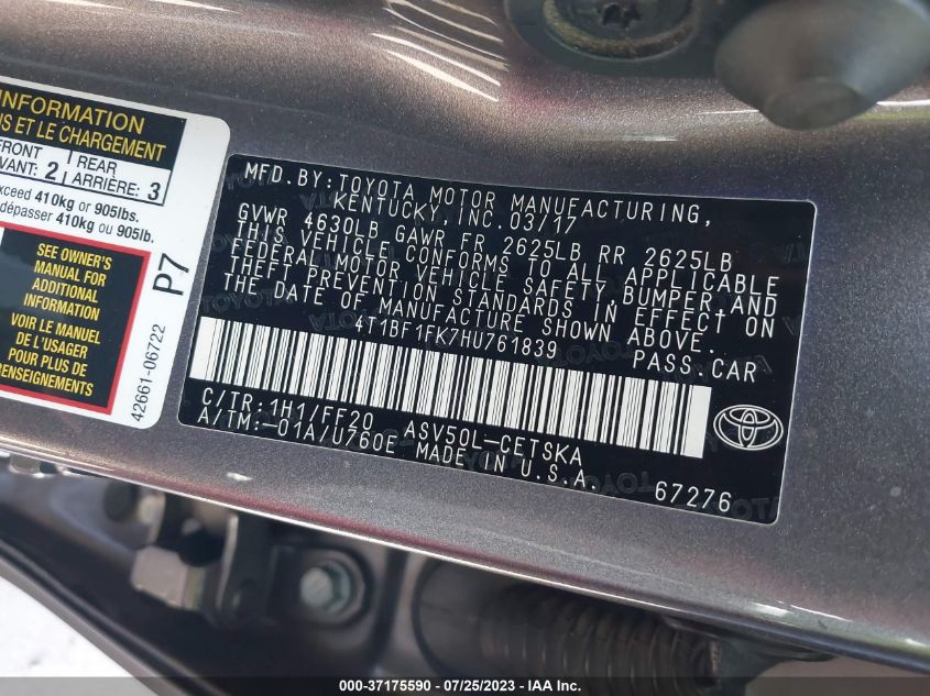 2017 TOYOTA CAMRY XLE/SE/LE/XSE - 4T1BF1FK7HU761839