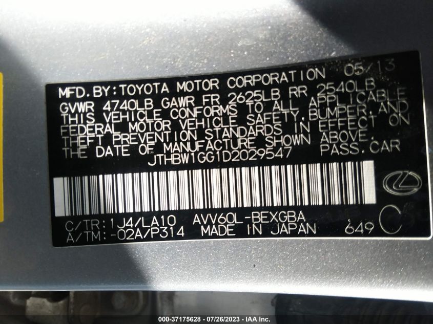 2013 LEXUS ES 300H HYBRID JTHBW1GG1D2029547