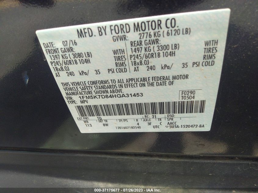 2017 FORD EXPLORER XLT - 1FM5K7D84HGA31453