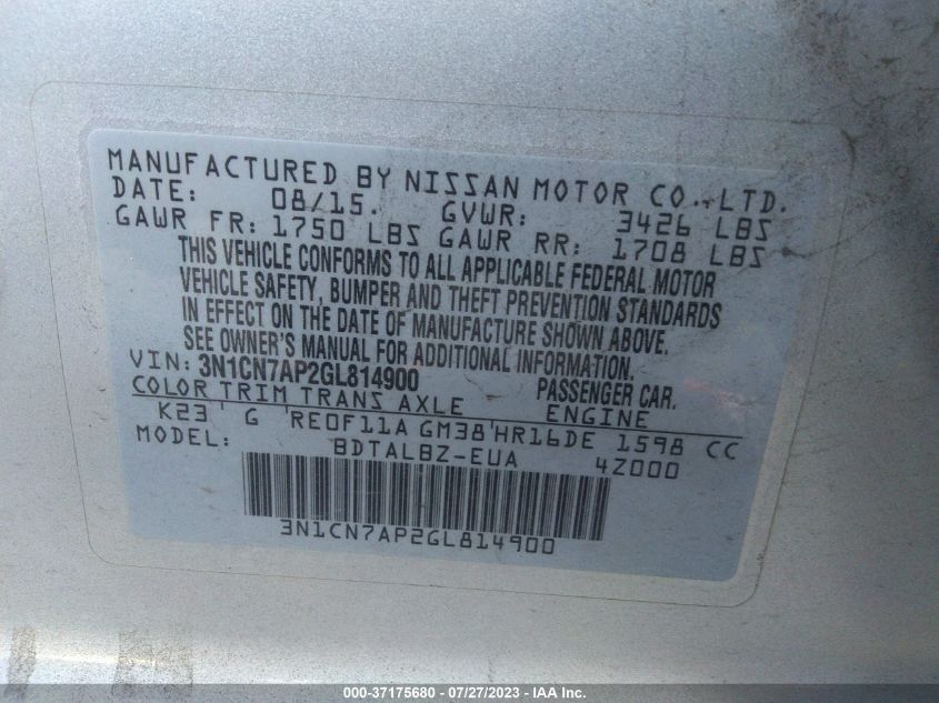 2016 NISSAN VERSA S/S PLUS/SL/SV - 3N1CN7AP2GL814900